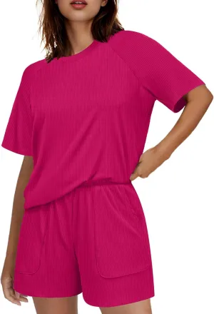 Ekouaer Women Pajama Sets Ribbed Knit 2 Piece Lounge Set Short Sleeve Pjs Summer Loungewear Sleepwear with Pockets