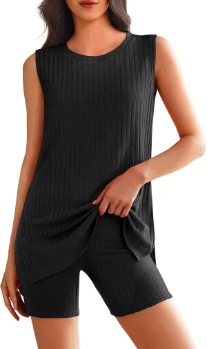 Ekouaer Womens 2 Piece Lounge Set Ribbed Knit Pajamas Sleeveless Sleepwear Biker Shorts Loungewear Outfit,Black,L