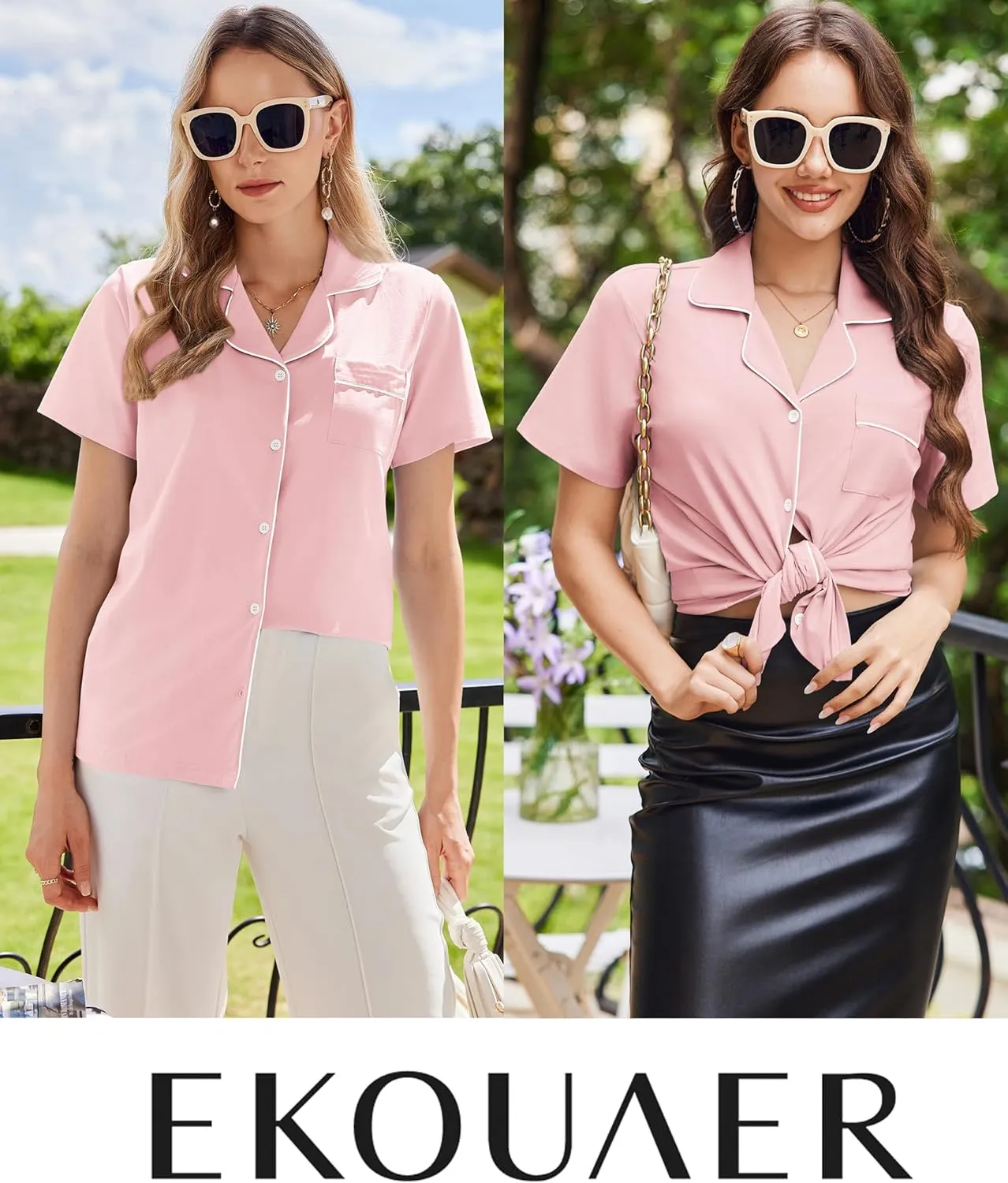 Ekouaer Womens Cotton Pajamas Set Classic Short Sleeve Pjs Set Soft Button Down Sleepwear Loungewear