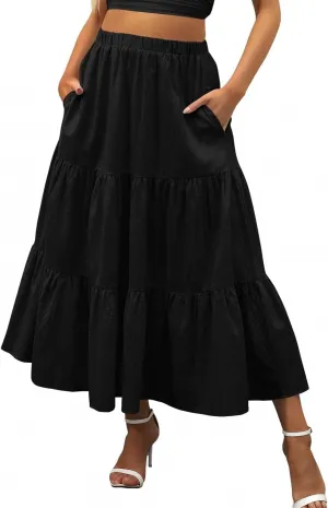 Elastic Swing with Pockets Womens Boho Summer A-Line Tiered Beach Pleated Flowy Dress Long Sheer Skirt Mini