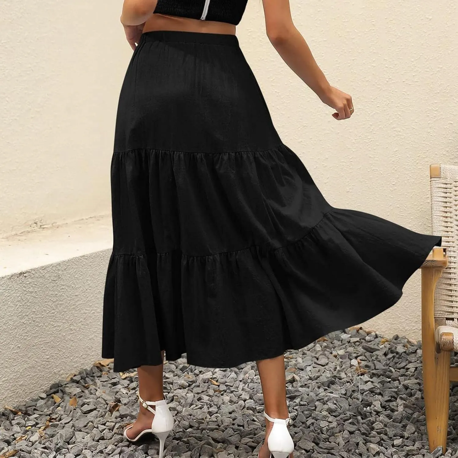Elastic Swing with Pockets Womens Boho Summer A-Line Tiered Beach Pleated Flowy Dress Long Sheer Skirt Mini