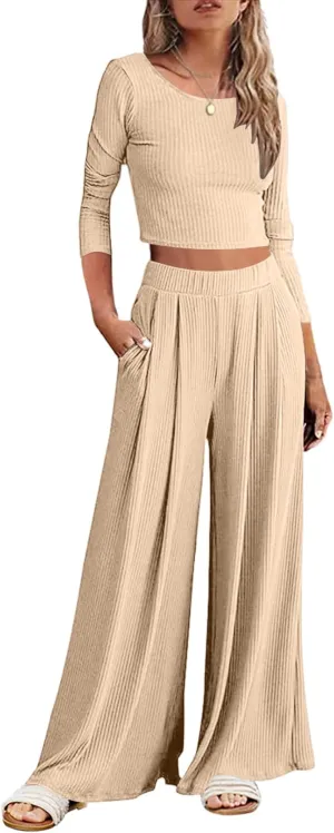 ELESOL Pajamas for Women Ribbed Knit Lounge Set Long Sleeve Top and Wide Leg Pants Loungewear Sleepwear with Pockets