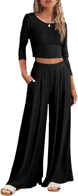 ELESOL Pajamas for Women Ribbed Knit Lounge Set Long Sleeve Top and Wide Leg Pants Loungewear Sleepwear with Pockets