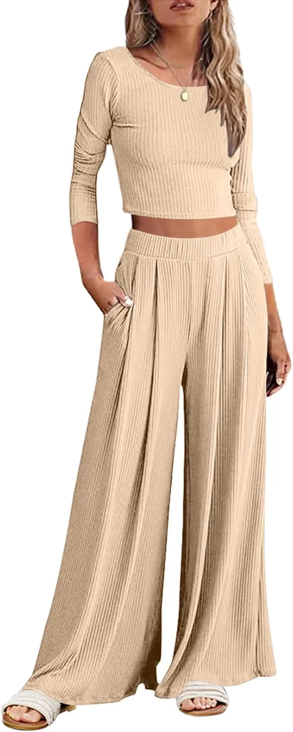 ELESOL Pajamas for Women Ribbed Knit Lounge Set Long Sleeve Top and Wide Leg Pants Loungewear Sleepwear with Pockets