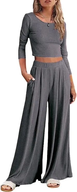 ELESOL Pajamas for Women Ribbed Knit Lounge Set Long Sleeve Top and Wide Leg Pants Loungewear Sleepwear with Pockets