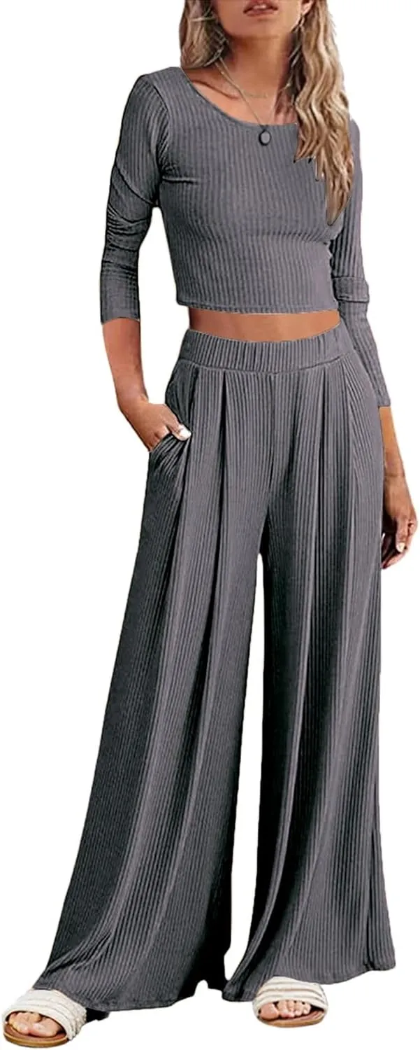 ELESOL Pajamas for Women Ribbed Knit Lounge Set Long Sleeve Top and Wide Leg Pants Loungewear Sleepwear with Pockets