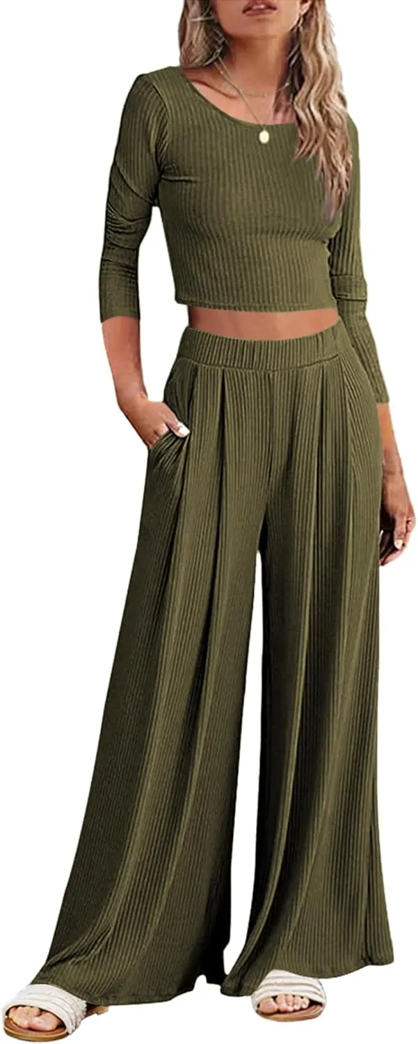 ELESOL Pajamas for Women Ribbed Knit Lounge Set Long Sleeve Top and Wide Leg Pants Loungewear Sleepwear with Pockets