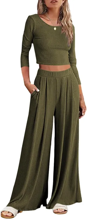 ELESOL Pajamas for Women Ribbed Knit Lounge Set Long Sleeve Top and Wide Leg Pants Loungewear Sleepwear with Pockets