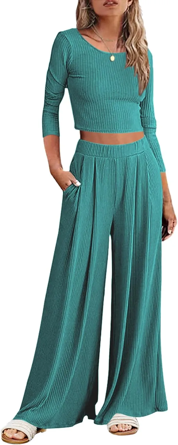ELESOL Pajamas for Women Ribbed Knit Lounge Set Long Sleeve Top and Wide Leg Pants Loungewear Sleepwear with Pockets