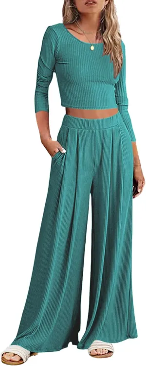ELESOL Pajamas for Women Ribbed Knit Lounge Set Long Sleeve Top and Wide Leg Pants Loungewear Sleepwear with Pockets
