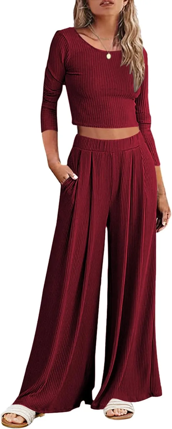 ELESOL Pajamas for Women Ribbed Knit Lounge Set Long Sleeve Top and Wide Leg Pants Loungewear Sleepwear with Pockets
