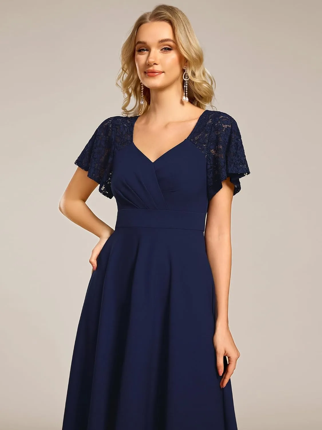 Ever-Pretty Women's V Neck Lace Short Sleeves Empire Waist Wedding Guest Dress with Pockets 02334