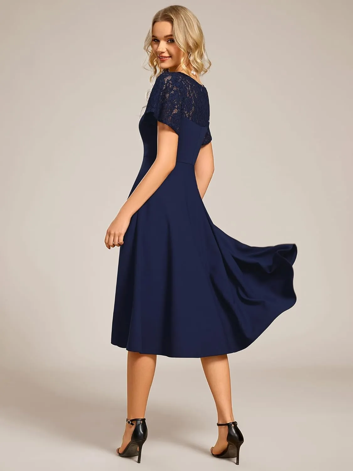 Ever-Pretty Women's V Neck Lace Short Sleeves Empire Waist Wedding Guest Dress with Pockets 02334