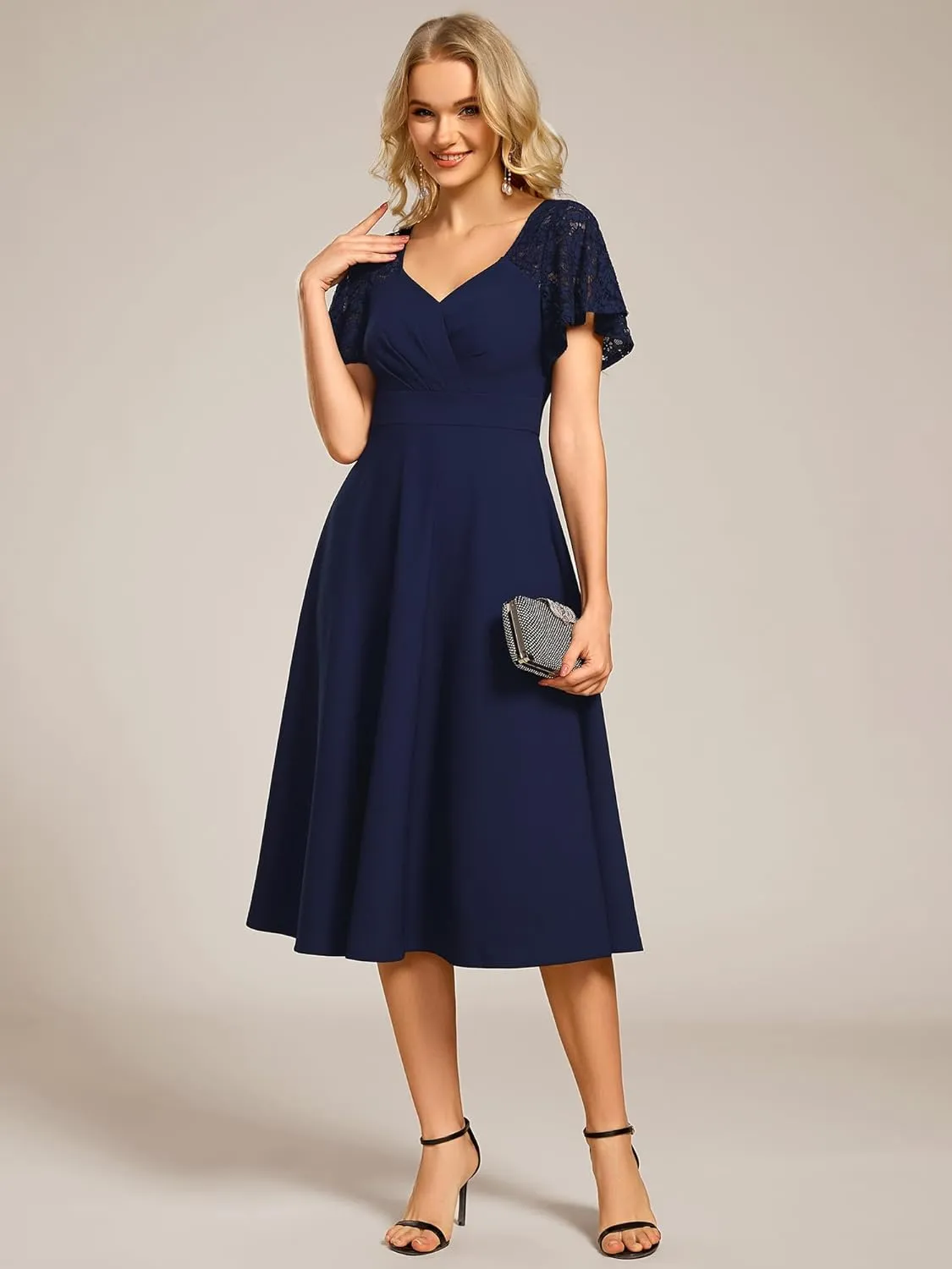Ever-Pretty Women's V Neck Lace Short Sleeves Empire Waist Wedding Guest Dress with Pockets 02334