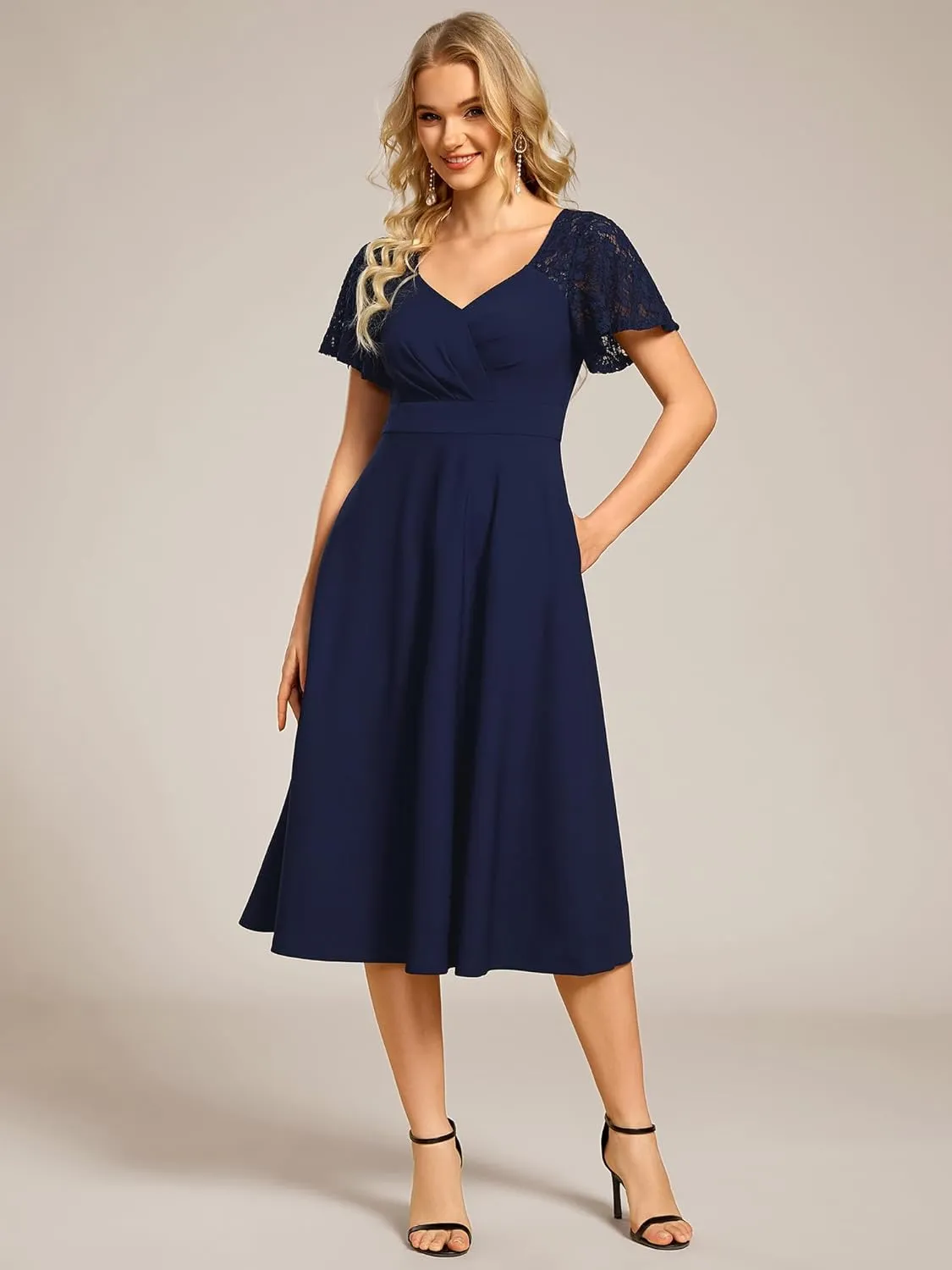Ever-Pretty Women's V Neck Lace Short Sleeves Empire Waist Wedding Guest Dress with Pockets 02334
