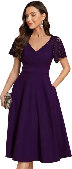Ever-Pretty Women's V Neck Lace Short Sleeves Empire Waist Wedding Guest Dress with Pockets 02334