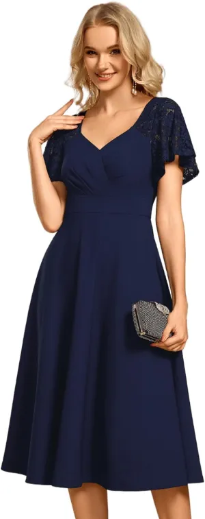 Ever-Pretty Women's V Neck Lace Short Sleeves Empire Waist Wedding Guest Dress with Pockets 02334