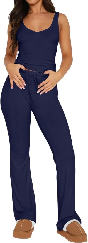 Ezbelle Womens Lounge Sets Shirts Deep V Neck Pajama Sets Summer Tank Tops Ribbed Knit Pjs 2 Piece Outfits Clothes 2025