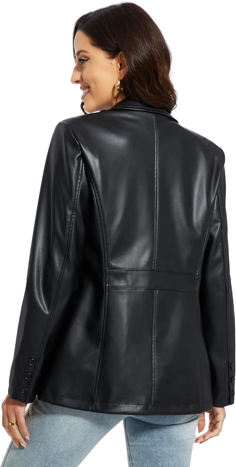 Fahsyee Women's Faux Leather Blazer Jackets, Motorcycle Oversized Moto Biker Coat Vegan Pleather Fashion