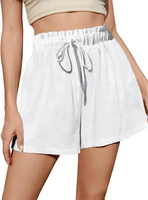 Fancysters Womens Linen Casual Shorts High Waisted Cotton Shorts Summer Flowy Beach Drawstring Shorts