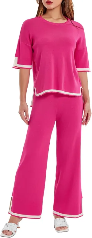 Faretumiya 2 Piece Sweater Outfit Women Long/Short Sleeve Knit Loose Pullover Tops Wide Leg Pants Lounge Set Tracksuits
