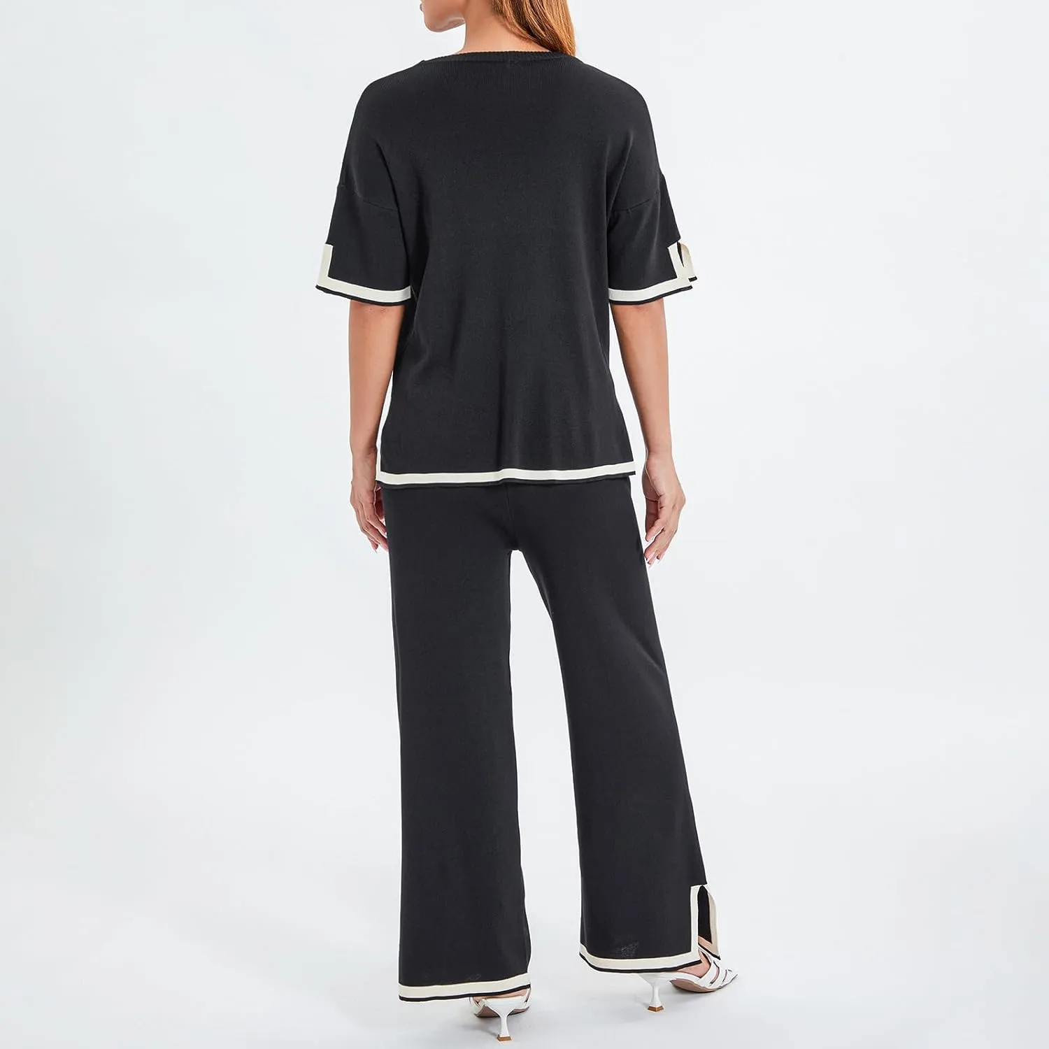 Faretumiya 2 Piece Sweater Outfit Women Long/Short Sleeve Knit Loose Pullover Tops Wide Leg Pants Lounge Set Tracksuits