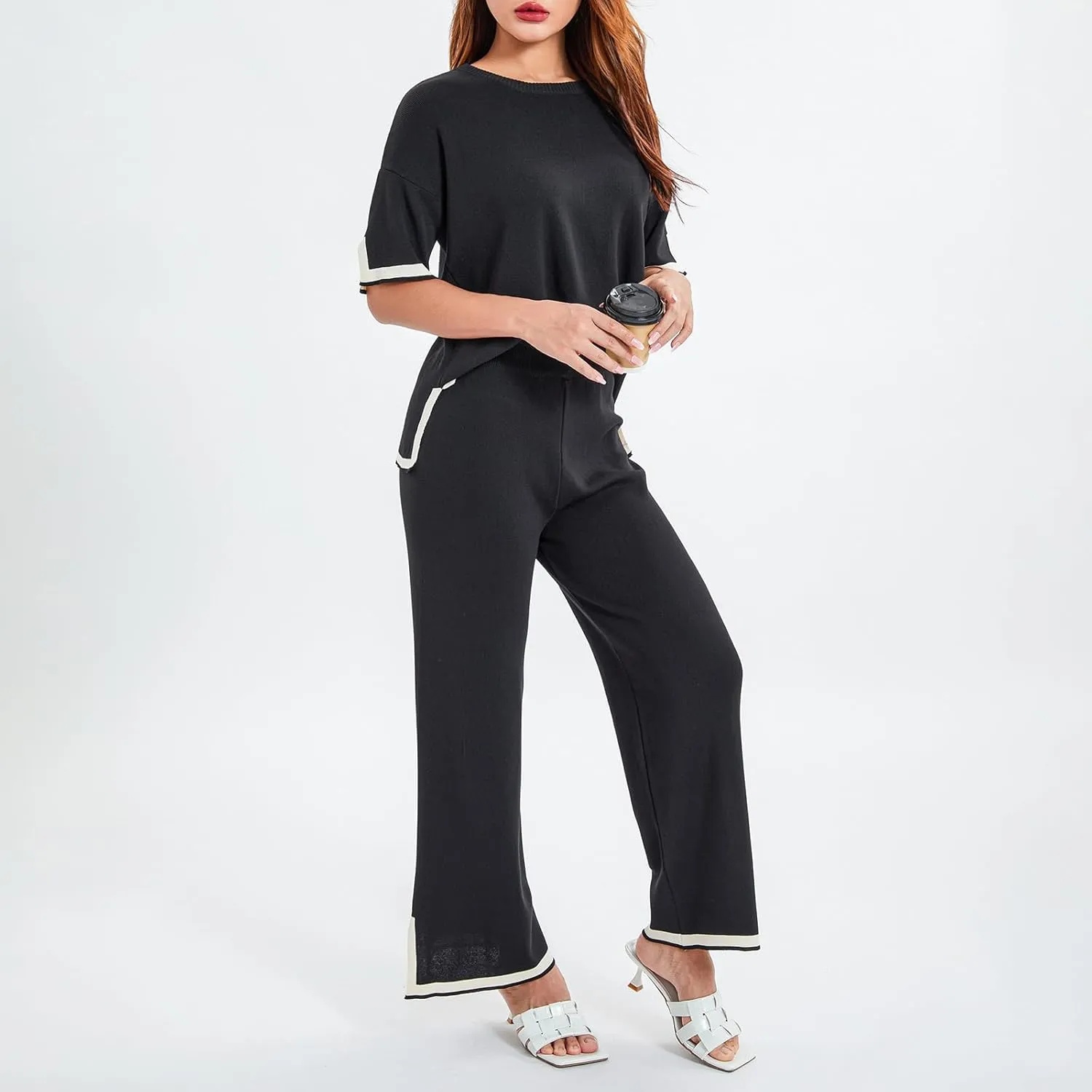 Faretumiya 2 Piece Sweater Outfit Women Long/Short Sleeve Knit Loose Pullover Tops Wide Leg Pants Lounge Set Tracksuits