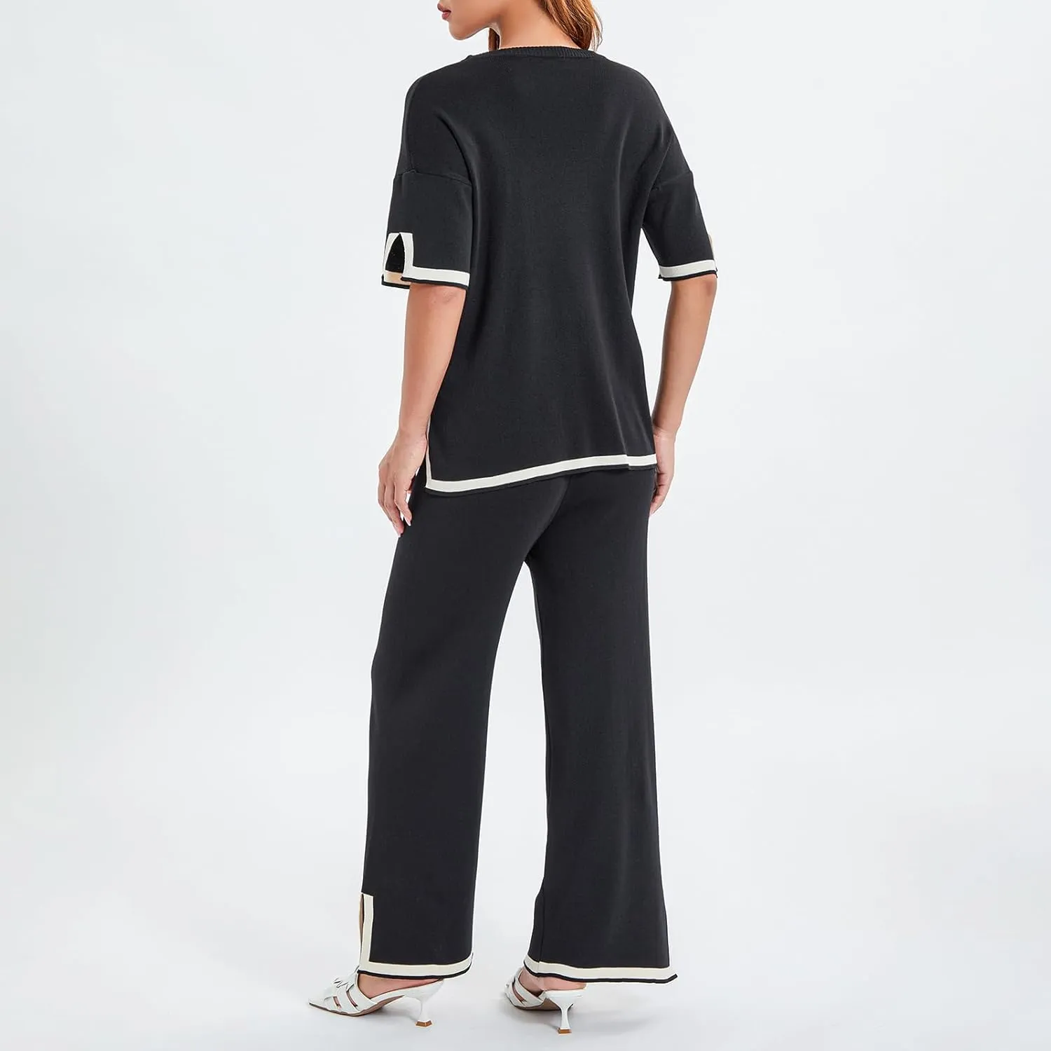 Faretumiya 2 Piece Sweater Outfit Women Long/Short Sleeve Knit Loose Pullover Tops Wide Leg Pants Lounge Set Tracksuits