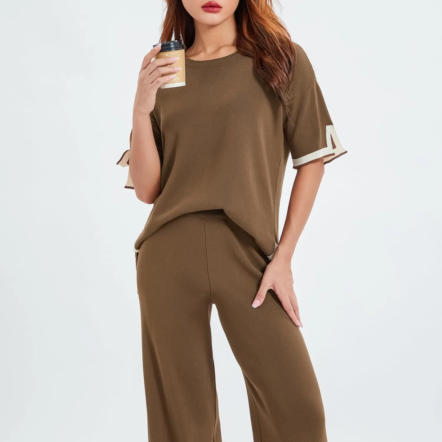 Faretumiya 2 Piece Sweater Outfit Women Long/Short Sleeve Knit Loose Pullover Tops Wide Leg Pants Lounge Set Tracksuits