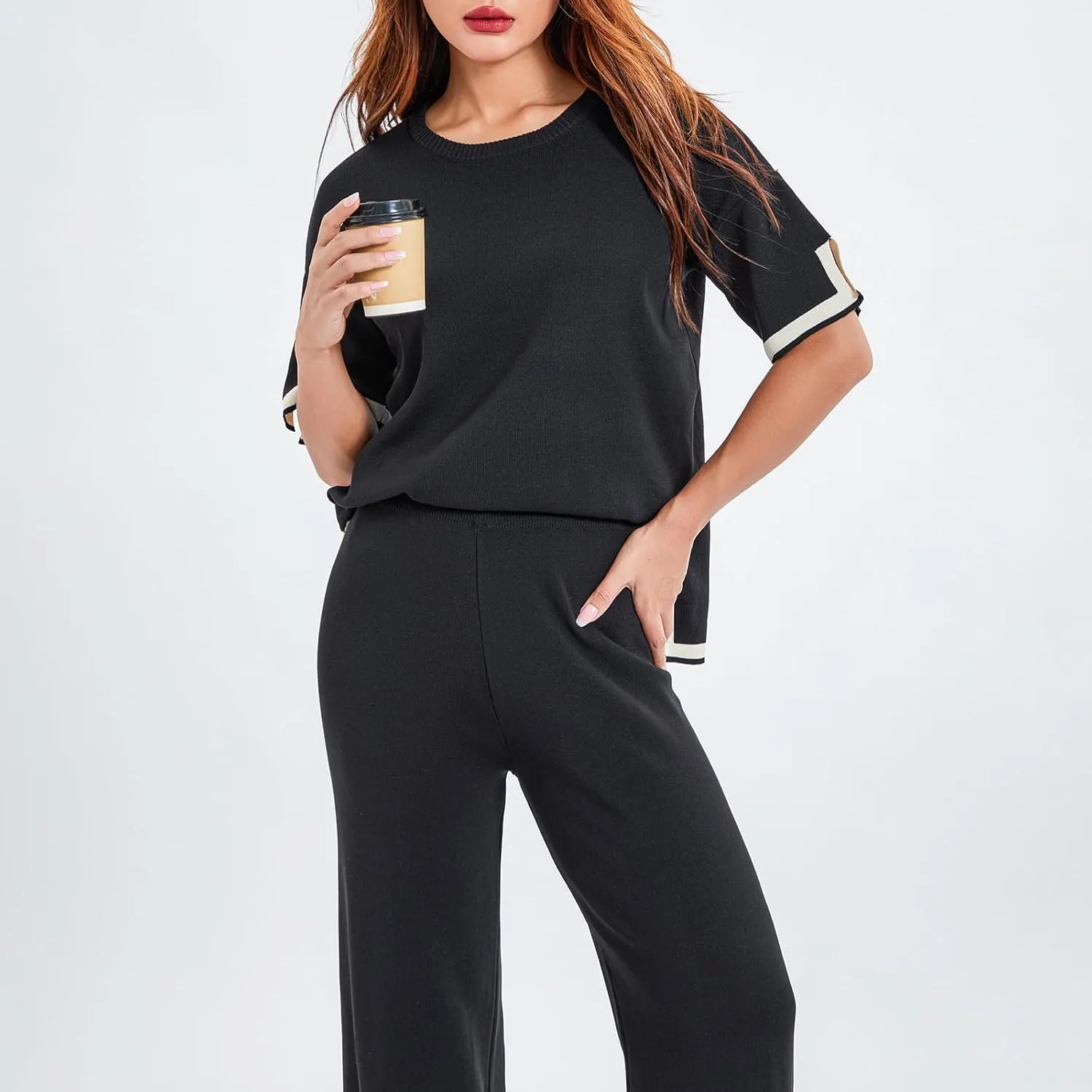 Faretumiya 2 Piece Sweater Outfit Women Long/Short Sleeve Knit Loose Pullover Tops Wide Leg Pants Lounge Set Tracksuits