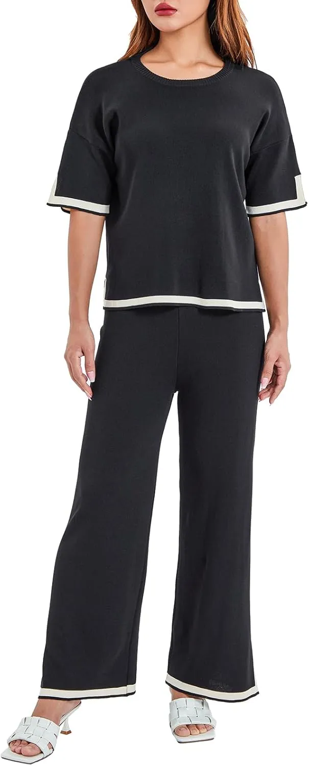 Faretumiya 2 Piece Sweater Outfit Women Long/Short Sleeve Knit Loose Pullover Tops Wide Leg Pants Lounge Set Tracksuits