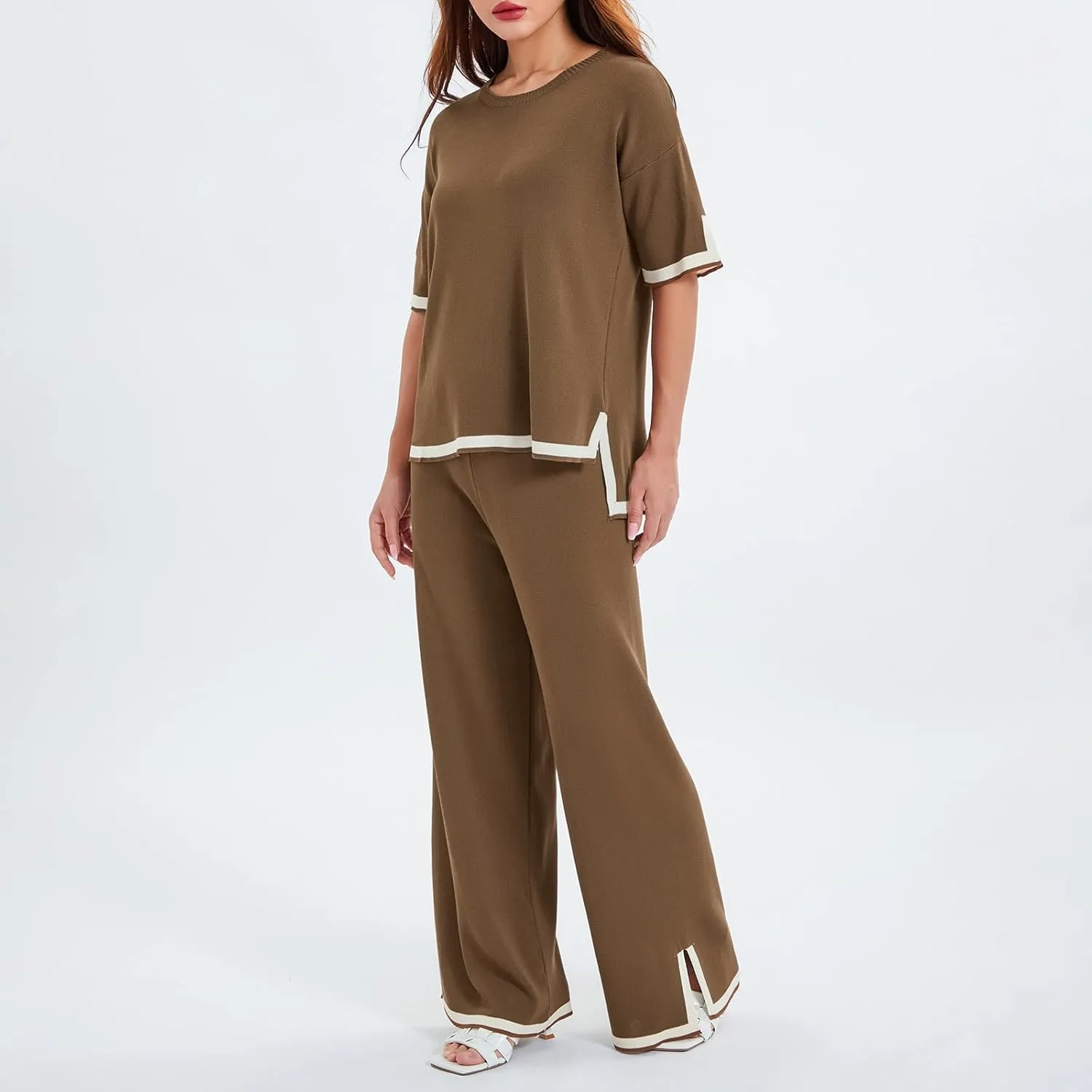 Faretumiya 2 Piece Sweater Outfit Women Long/Short Sleeve Knit Loose Pullover Tops Wide Leg Pants Lounge Set Tracksuits