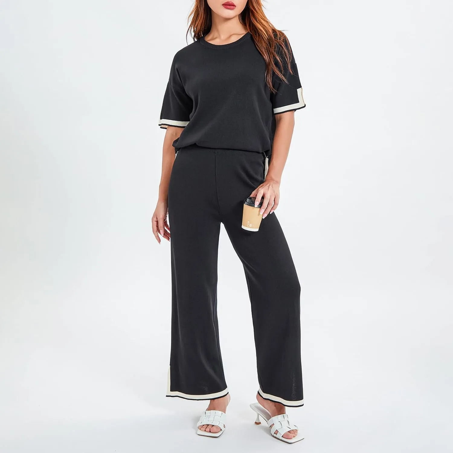 Faretumiya 2 Piece Sweater Outfit Women Long/Short Sleeve Knit Loose Pullover Tops Wide Leg Pants Lounge Set Tracksuits