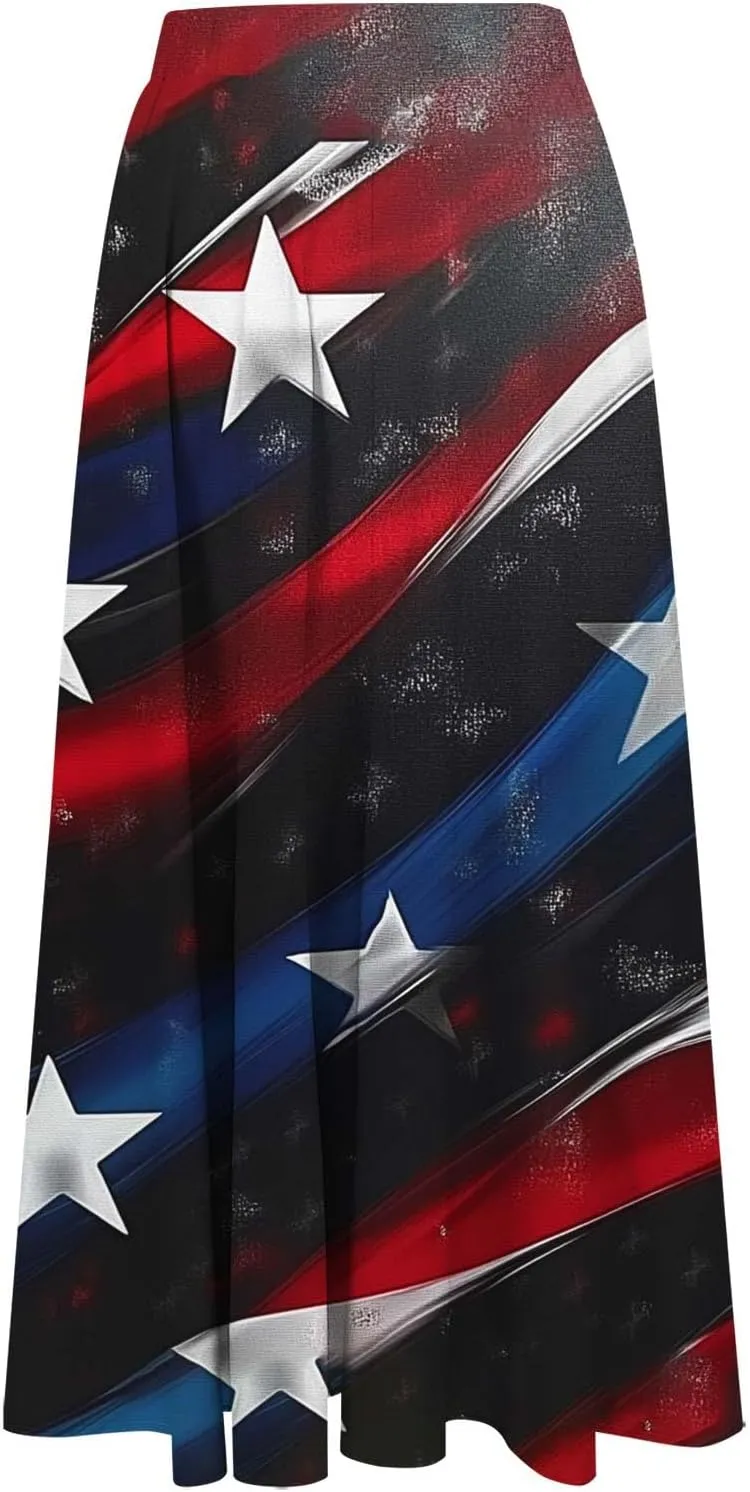 Fashion Independence Day Flowy Long Skirt for Women, Summer High Waist Ruched Casual Skirts Happy Holiday Party Clothes