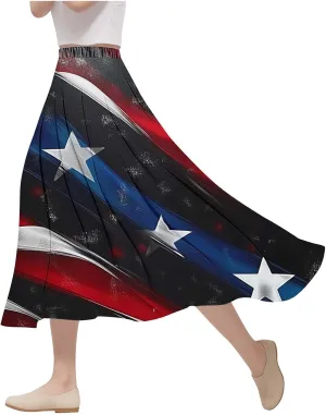 Fashion Independence Day Flowy Long Skirt for Women, Summer High Waist Ruched Casual Skirts Happy Holiday Party Clothes