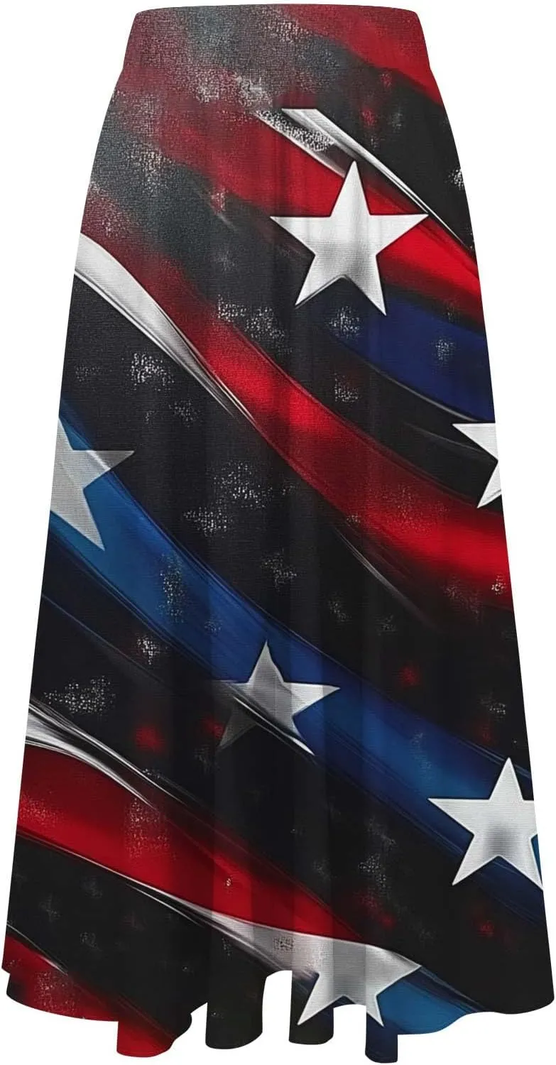 Fashion Independence Day Flowy Long Skirt for Women, Summer High Waist Ruched Casual Skirts Happy Holiday Party Clothes