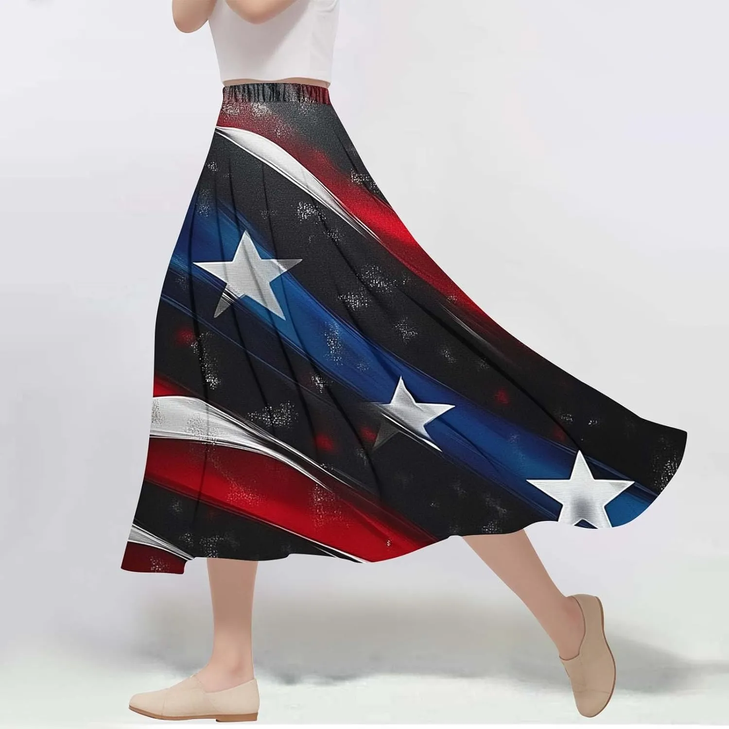 Fashion Independence Day Flowy Long Skirt for Women, Summer High Waist Ruched Casual Skirts Happy Holiday Party Clothes