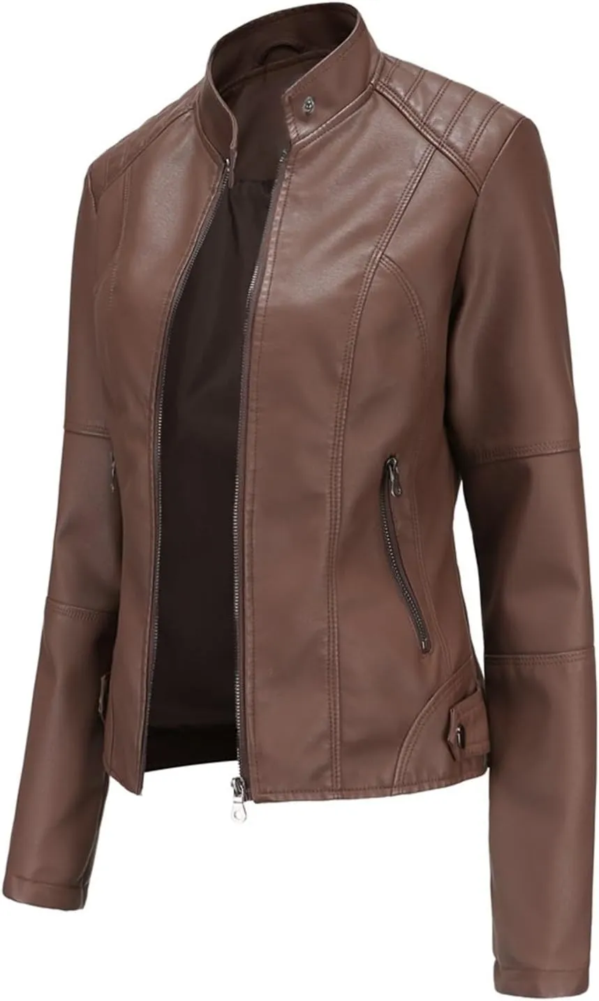 Faux Leather Jackets For Women Motorcycle PU Moto Biker Outwear CoatZip Leather Jackets For Women