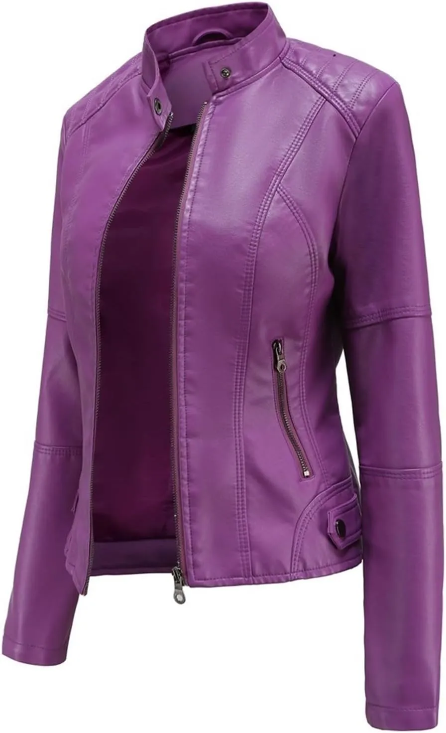 Faux Leather Jackets For Women Motorcycle PU Moto Biker Outwear CoatZip Leather Jackets For Women