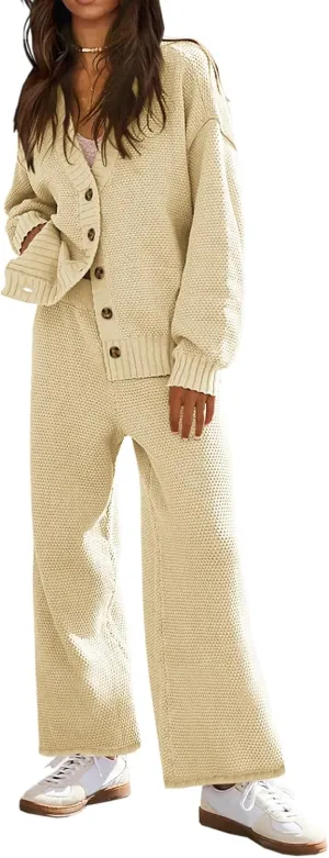 Fazortev Womens 2 Piece Outfits V Neck Cardigan Sweater Knit Sweater Lounge Sets Loungewear