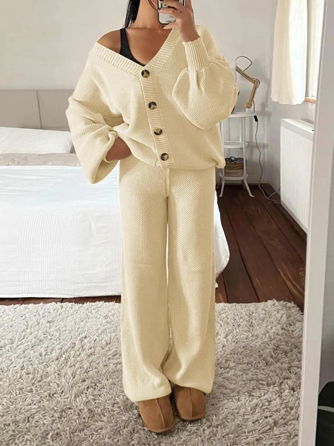 Fazortev Womens 2 Piece Outfits V Neck Cardigan Sweater Knit Sweater Lounge Sets Loungewear