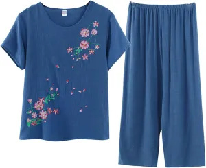 FindThy Womens 2 Piece Linen Outfits Short Sleeve Floral Print Lounge Sets Crewneck Summer Suits