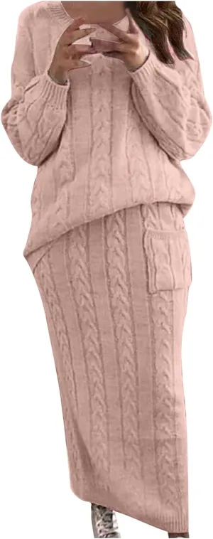 Firzero Womens Fall Outfits 2 Piece Sweater Set Rib Knit Long Sleeve Top Maxi Bodycon Skirt Casual Loose Fit Knit Dress 2024