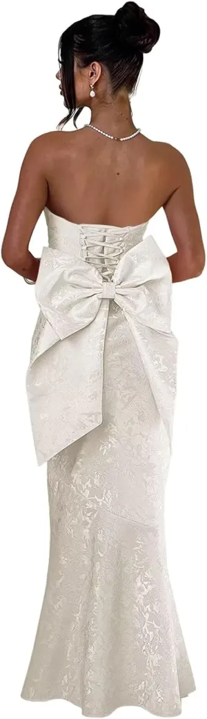 Fivsole Satin Prom Dresses with Bow Strapless Long Satin Formal Evening Party Gown