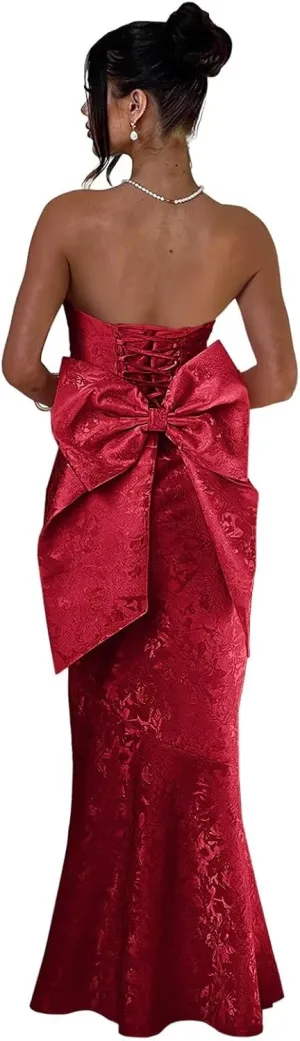 Fivsole Satin Prom Dresses with Bow Strapless Long Satin Formal Evening Party Gown