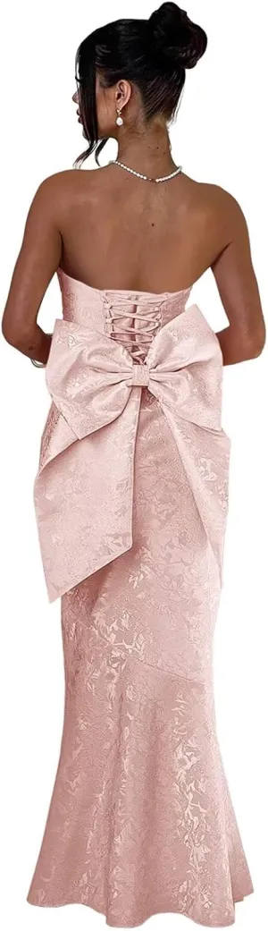 Fivsole Satin Prom Dresses with Bow Strapless Long Satin Formal Evening Party Gown