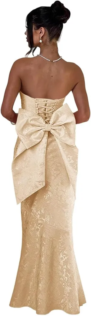 Fivsole Satin Prom Dresses with Bow Strapless Long Satin Formal Evening Party Gown