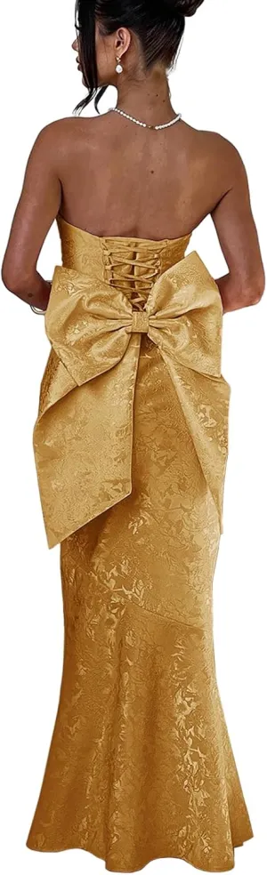 Fivsole Satin Prom Dresses with Bow Strapless Long Satin Formal Evening Party Gown