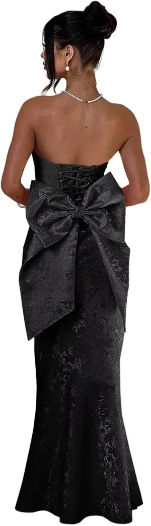 Fivsole Satin Prom Dresses with Bow Strapless Long Satin Formal Evening Party Gown