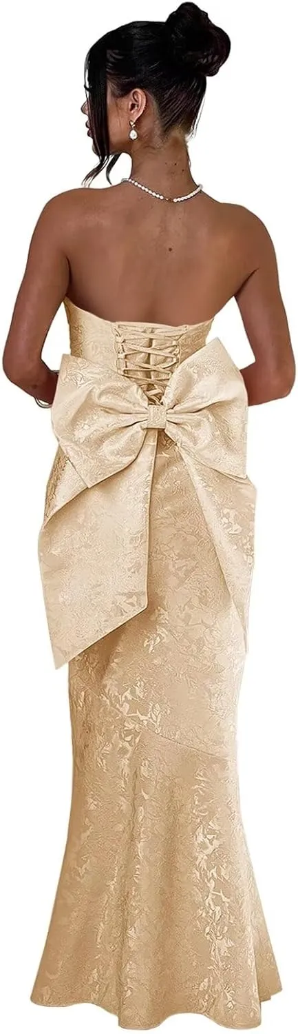 Fivsole Satin Prom Dresses with Bow Strapless Long Satin Formal Evening Party Gown